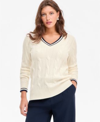 Women's 100% Cashmere Cable-Knit Tipped V-Neck Sweater