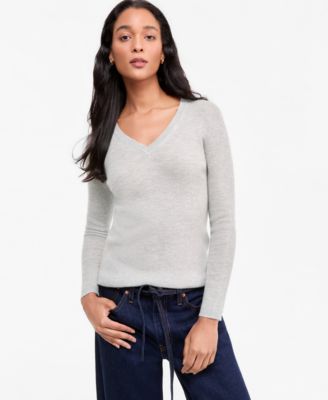 Women's 100% Cashmere Featherweight Ribbed V-Neck Sweater