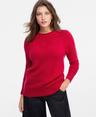 Women's Placed-Pointelle Crewneck 100% Cashmere Sweater