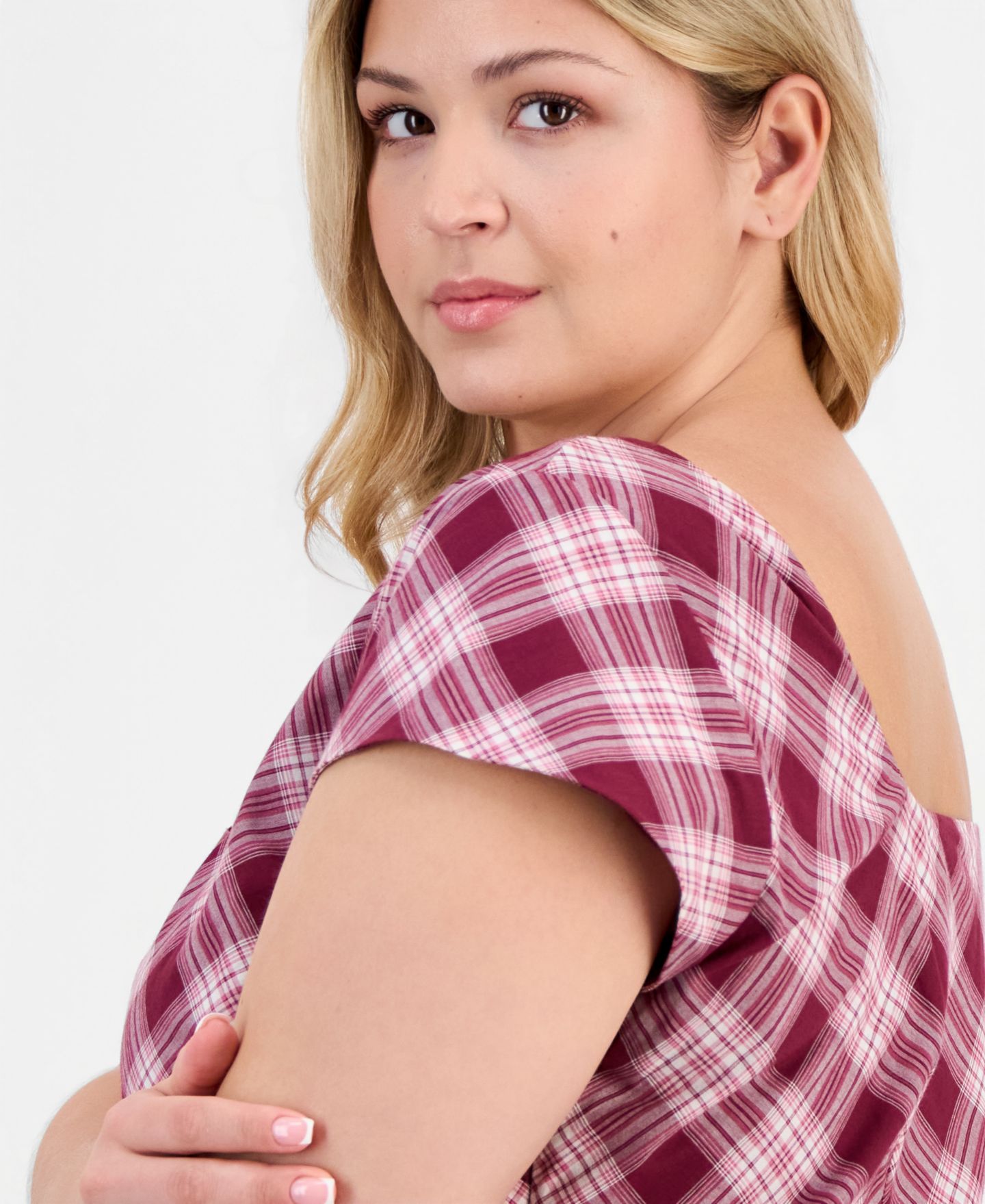 Женское платье And Now This Plus size Cotton Plaid Cami-Strap Asymmetric, цвет: Винный клетчатый — фото 4