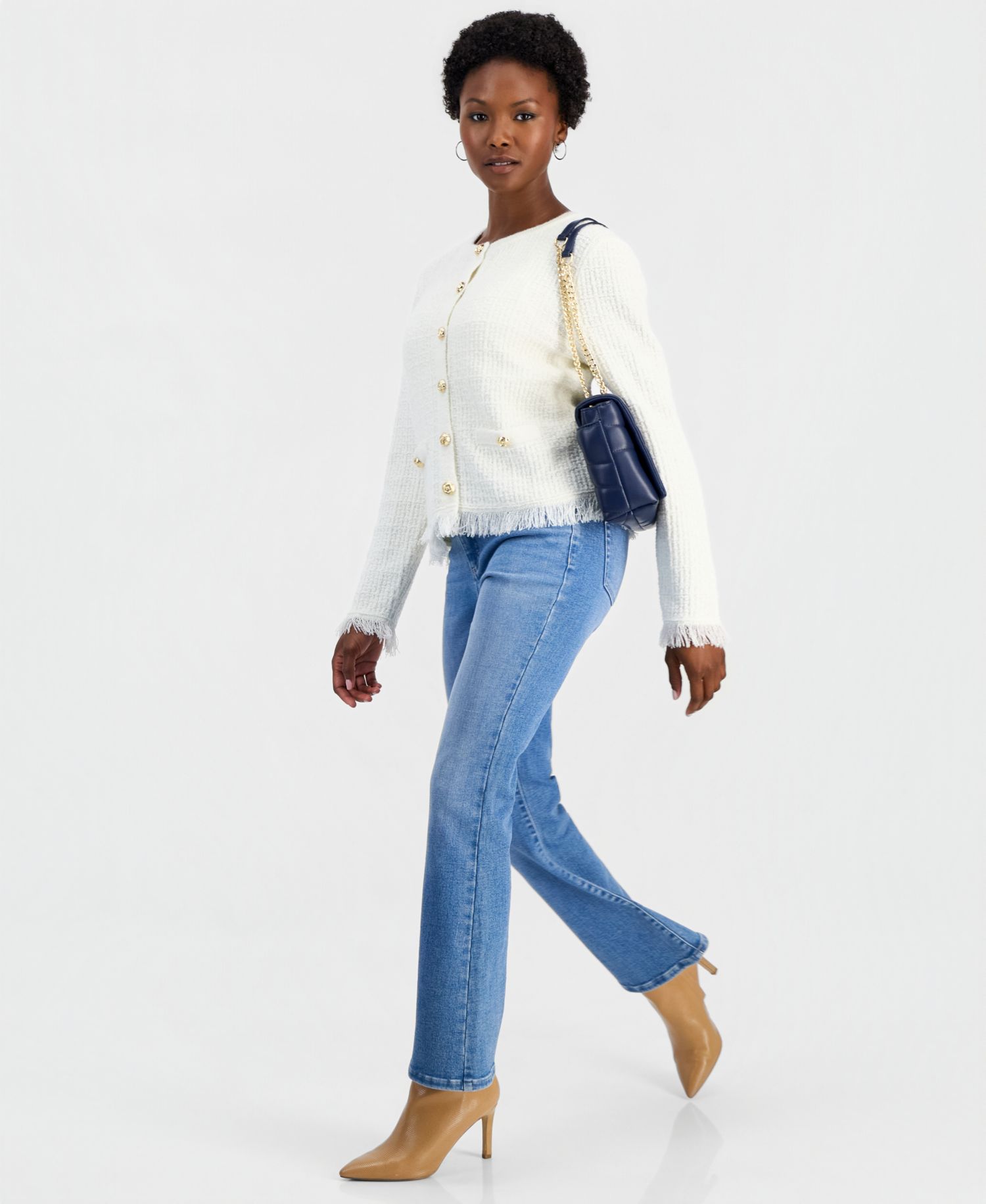 Petite Frayed Button Down Textured Cardigan