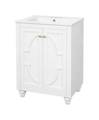 24 Inch Modern Bathroom Vanity with Ornate Elliptical Motif Design Soft Close Hinges Back Open Structure Ball Turned Legs French Elegance
