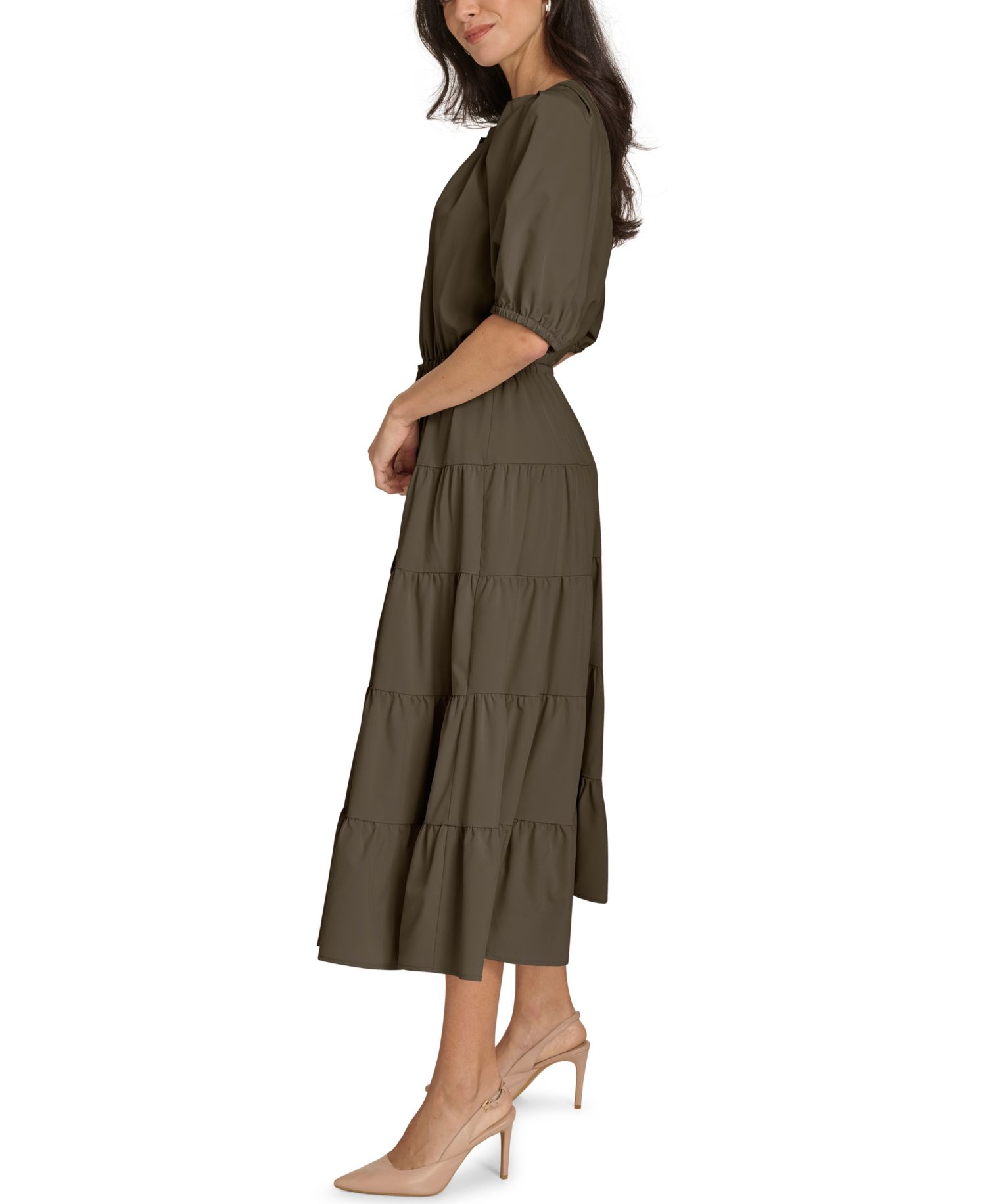 V-Neck Elastic Waistband Midi Dress