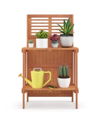 Folding Garden Potting Bench with 2 Tier Storage Shelves and Teak Oil Finish