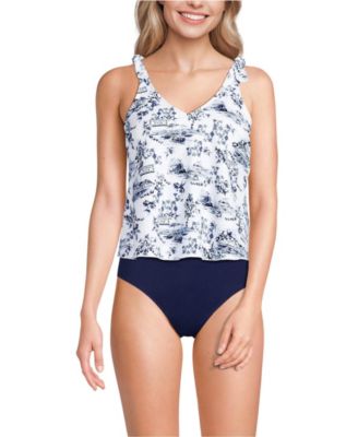 Women's D-Cup Chlorine Resistant V-neck Shoulder Tie Flutter Tankini Swimsuit Top