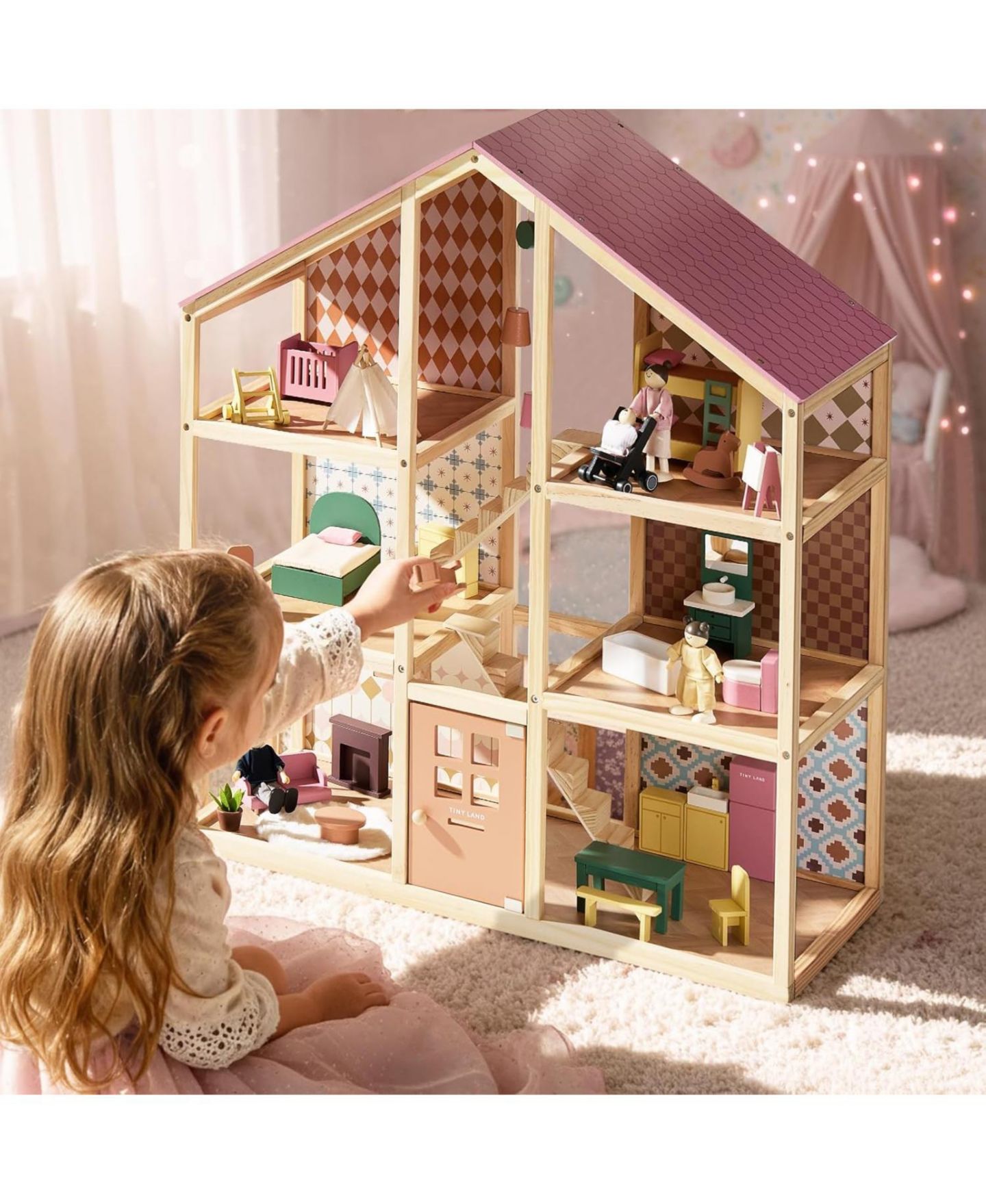 Трёхэтажный деревянный кукольный дом Tiny Land Pegasus с 31 предметом мебели, 3+, цвет: Розовый — фото 8