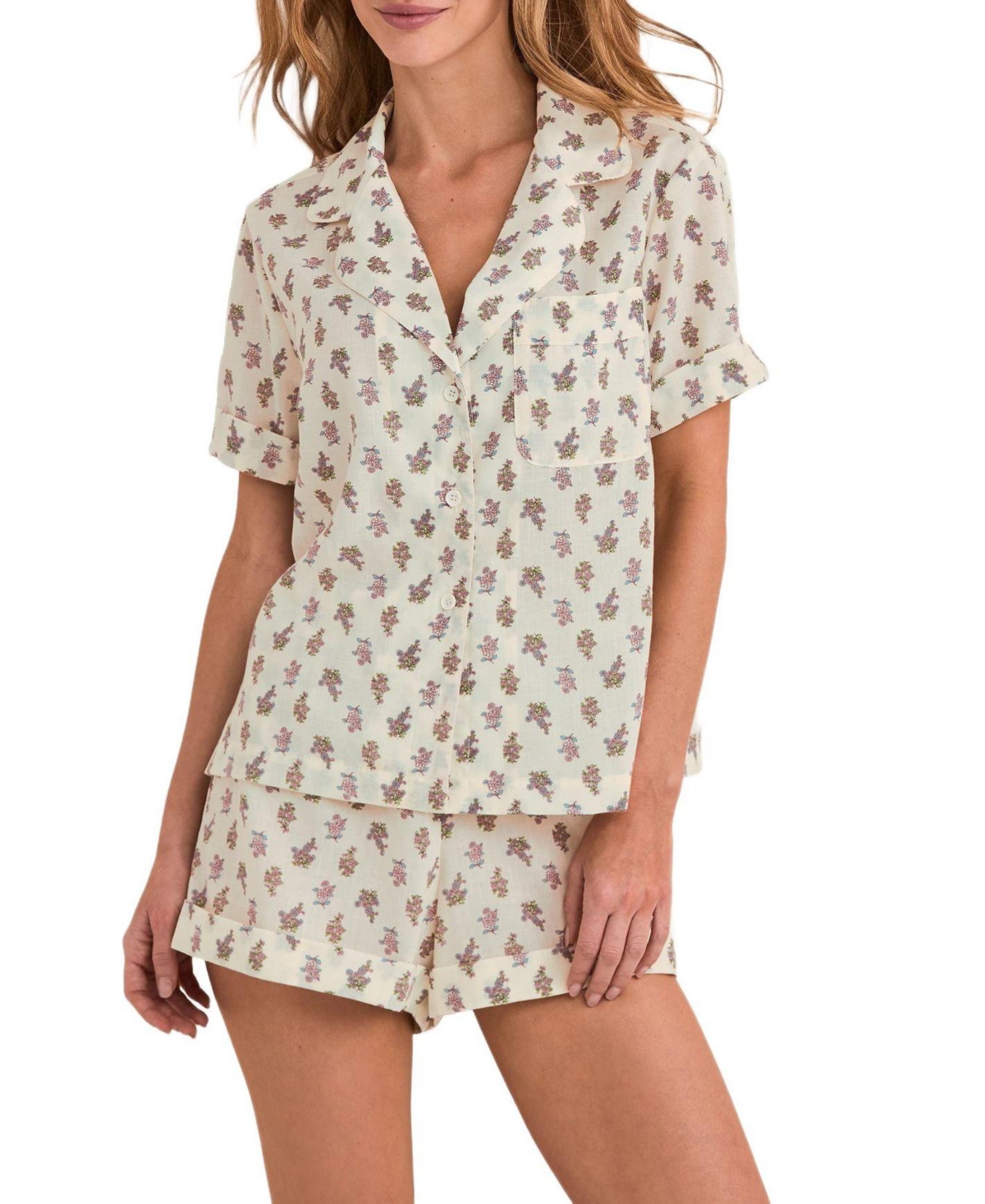 Adore Me Women's Lucero Short Sleeve Top & Shorts Pajama Set - Floral beige