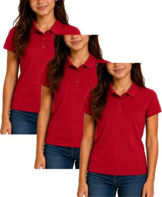 Women's Juniors 3-Button Short Sleeve Stretch Pique Polo Shirts School Uniform-3 Pack