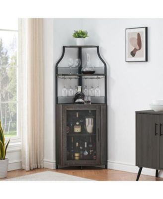 Corner Bar Cabinet, Wine Bar Cabinet with Adjustable Shelf and Glass Holder, 5-Tiers Storage Space Corner Liquor Cabinet