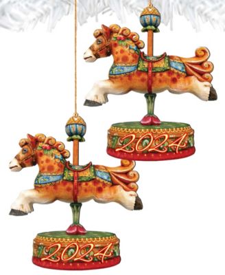 2024 Dated Carousel Horse Christmas Wooden Ornaments Holiday Decor Set of 2 G. DeBrekht