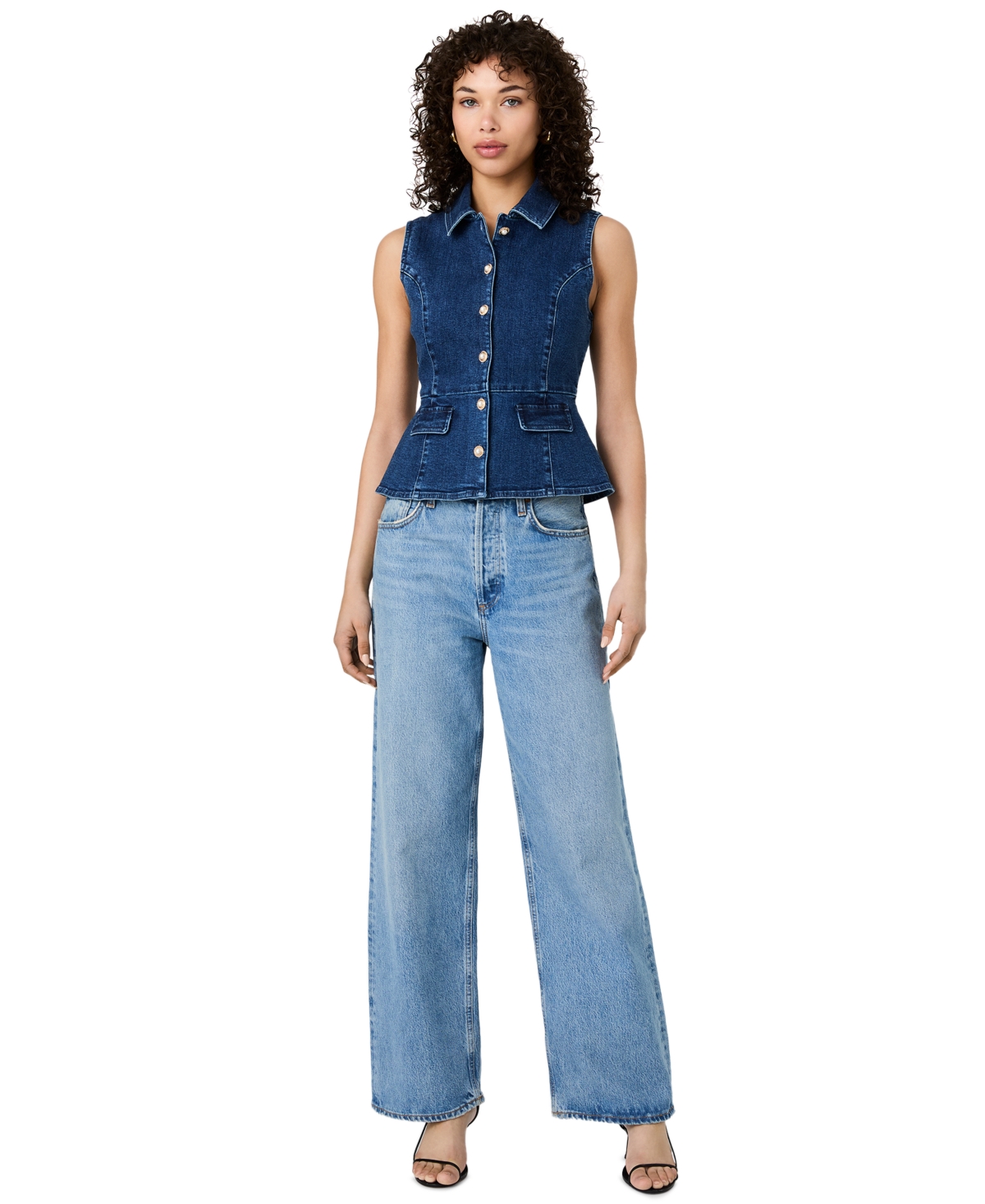 French Connection Women's Delancey Denim Button Peplum Top