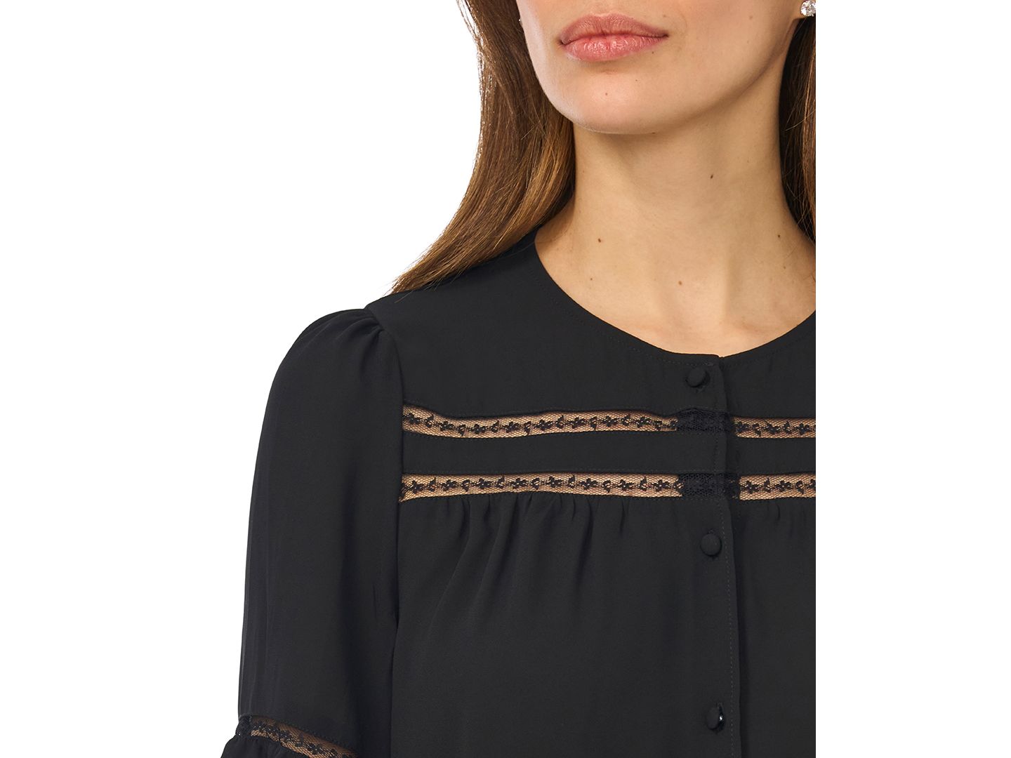 Женский топ CeCe Ruffle-Sleeve Horizontal Lace Insets Top, цвет: Насыщенный чёрный — фото 2