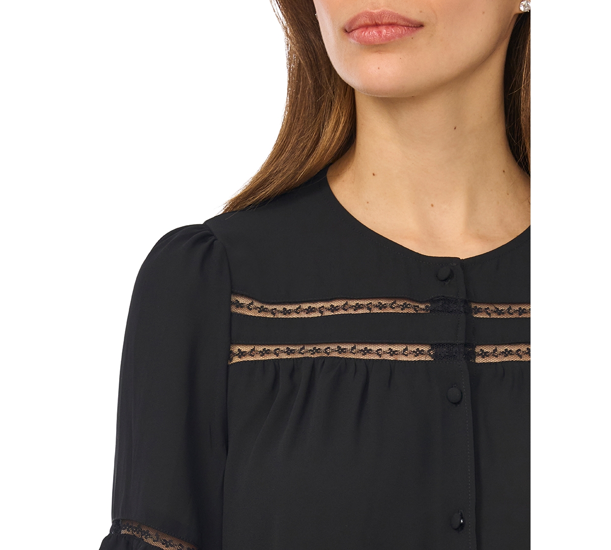 CeCe Women's Ruffle-Sleeve Horizontal Lace Insets Top