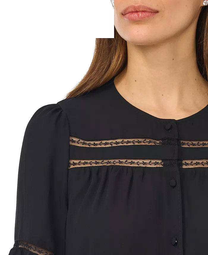 Women's Ruffle-Sleeve Horizontal Lace Insets Top - thumbnail 2