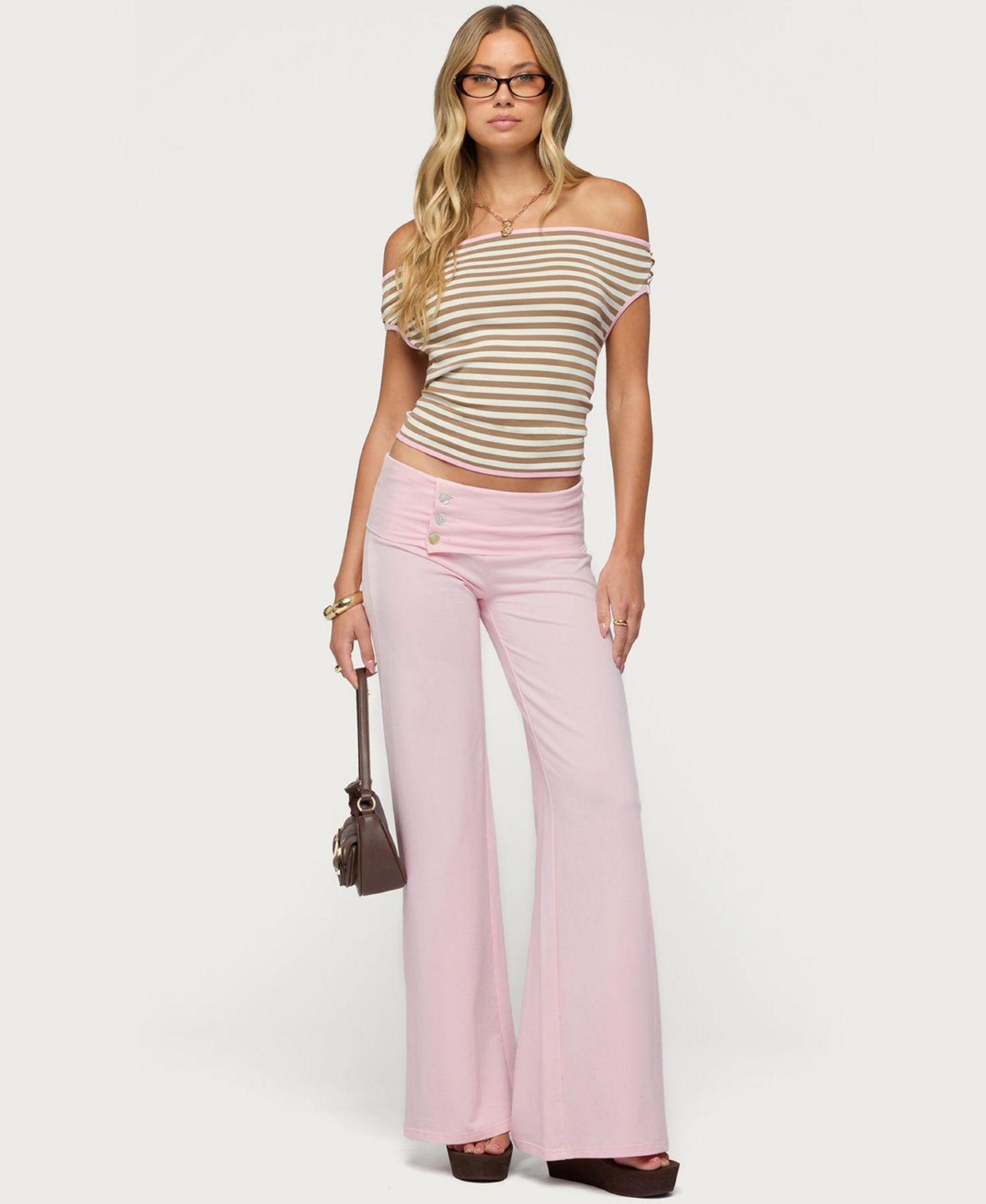 Женский топ Edikted Zory Striped Backless Off Shoulder, цвет: Коричневый кремовый — фото 5