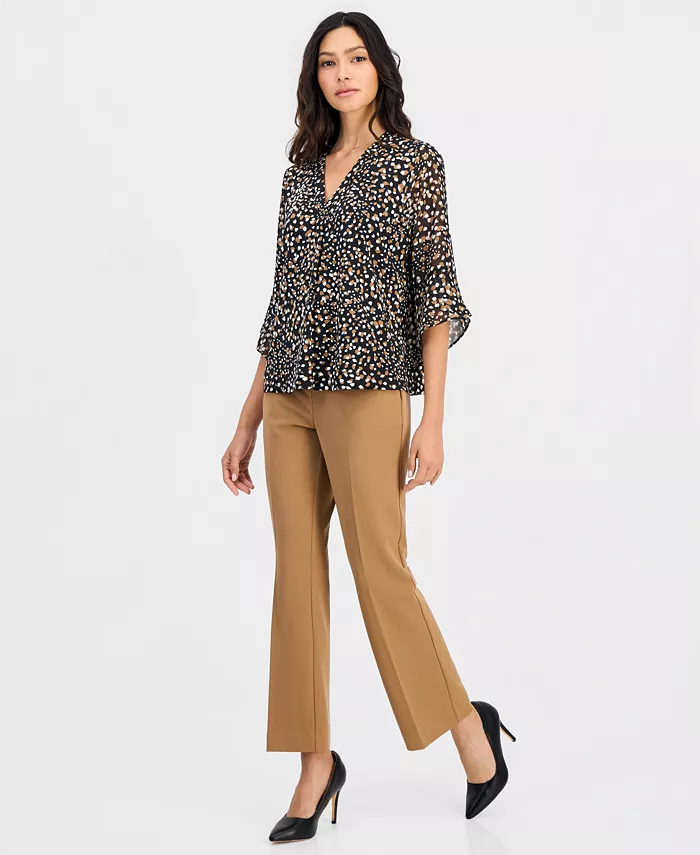 Petite Printed 3/4-Bell-Sleeve Split-Neck Top - thumbnail 6