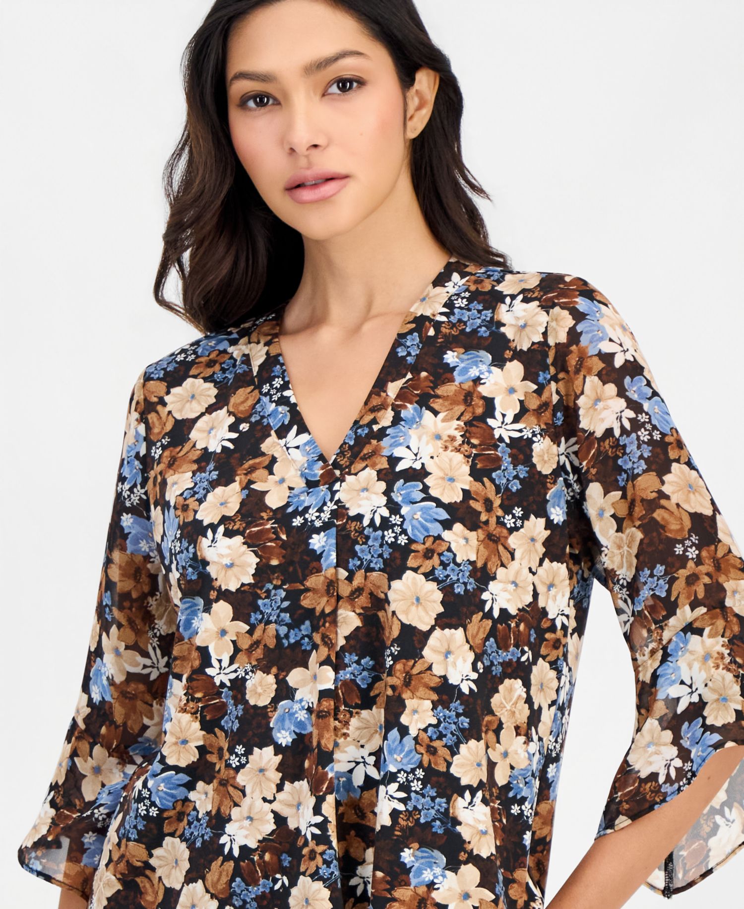 Petite Floral-Print Split-Neck Bell-Sleeve Top