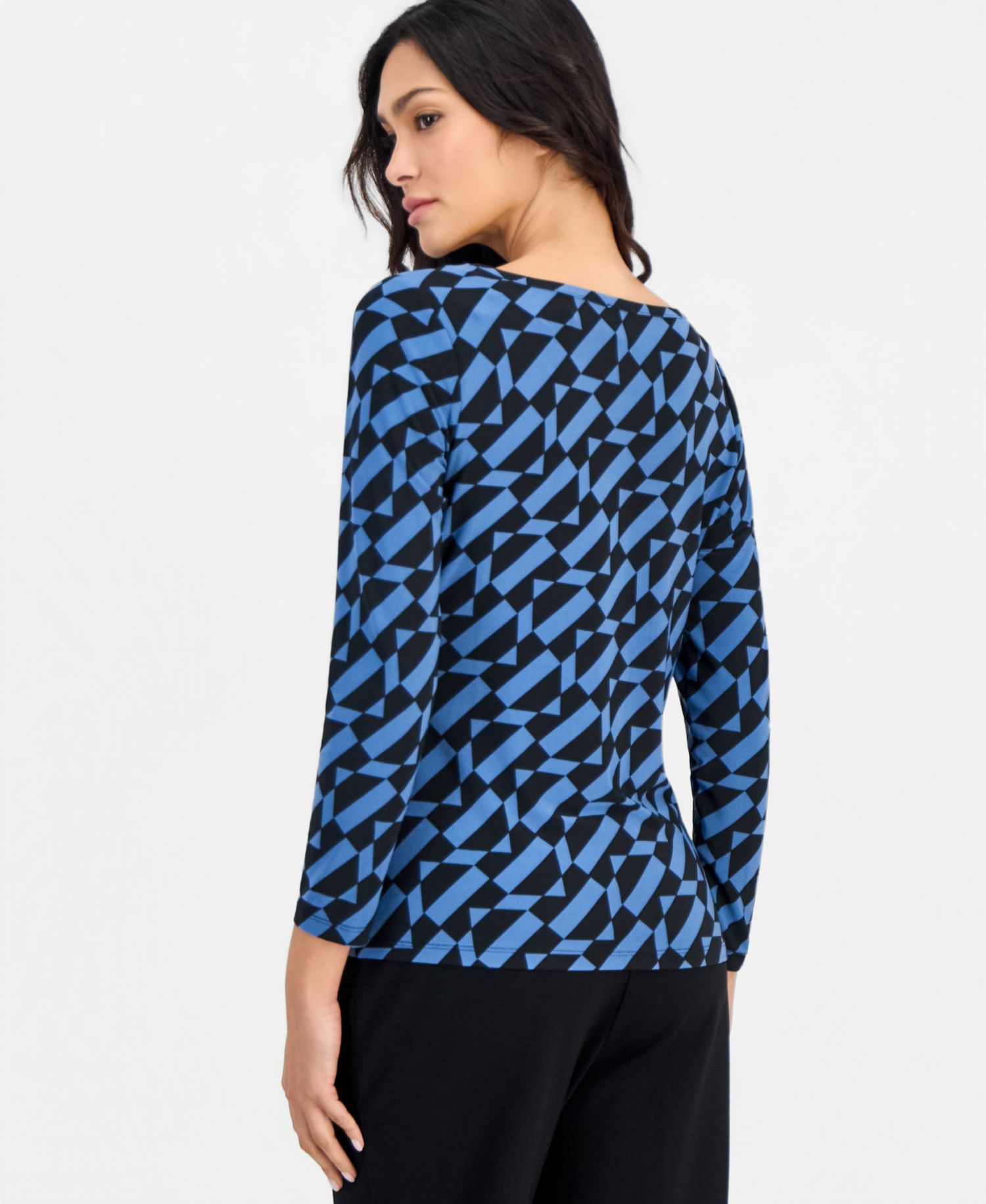Petite Geo Printed Front Ruche Boat Neck Work Blouse