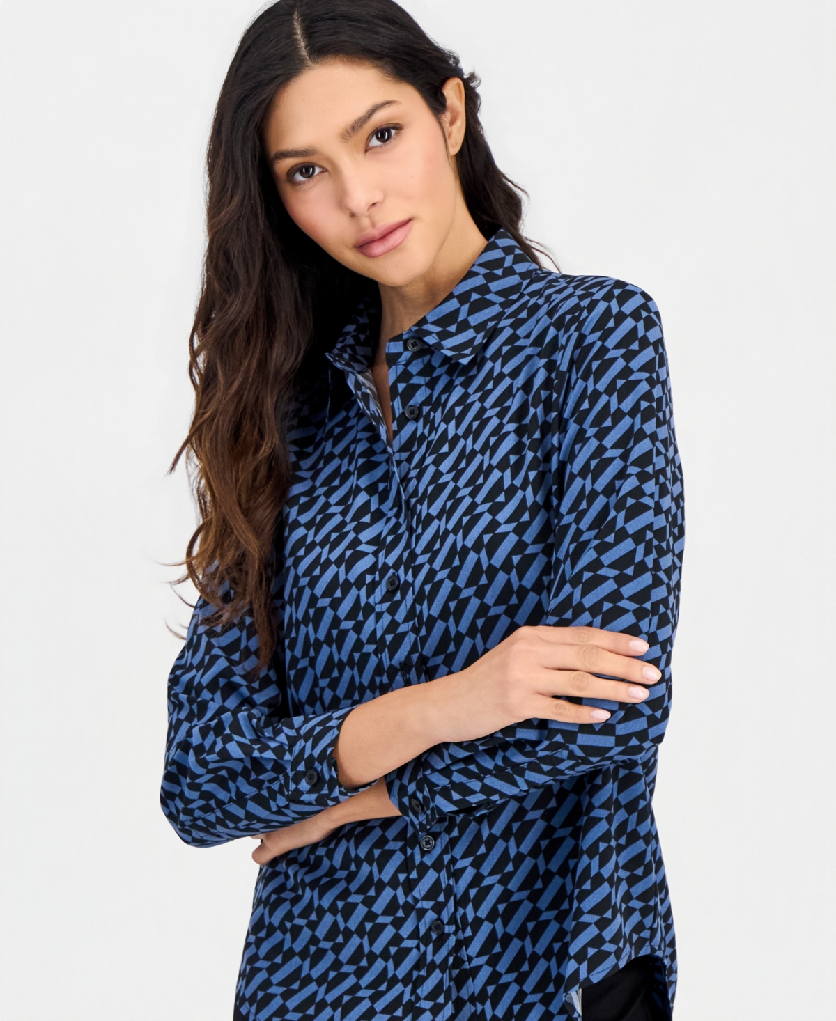 Anne Klein Essentials Petite Printed Button-Front Long-Sleeve Blouse