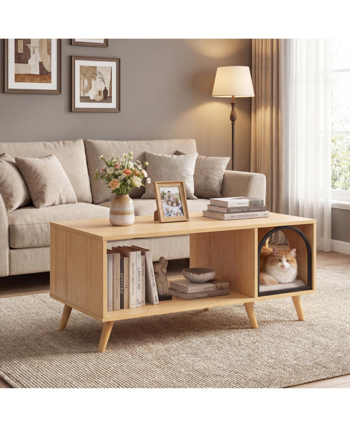 Cozito 40 inch Coffee Table Cat House 2-in-1 with Open Storage Shelf, Coffee