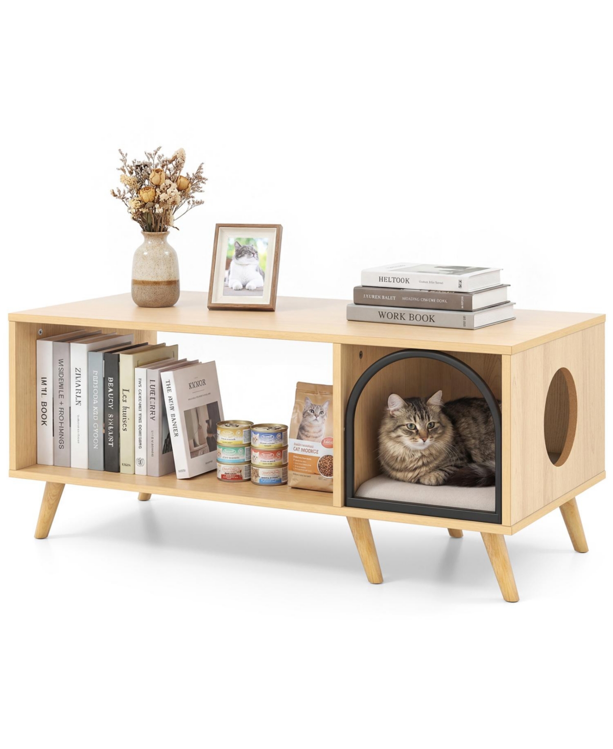 Cozito 40 inch Coffee Table Cat House 2-in-1 with Open Storage Shelf, Coffee