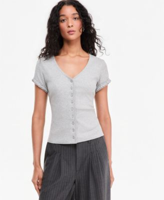 Women's Ruffle-Trim Button-Front Short-Sleeve Ribbed Top