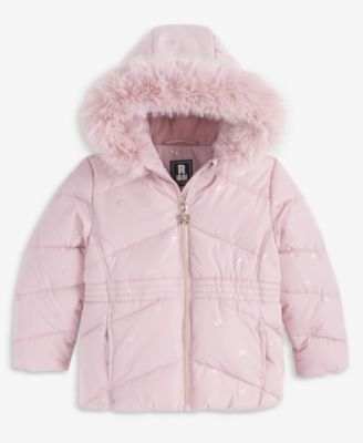 Girls' 2T-6X Foil Quilted Puffer Jacket With Faux-Fur-Trim Hood