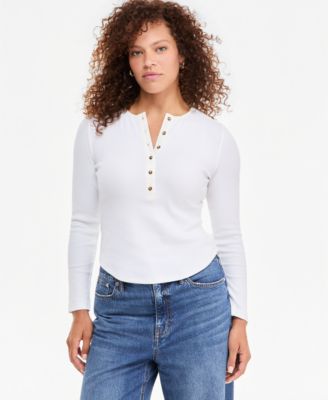 Women's Long Sleeve Ribbed Henley Top