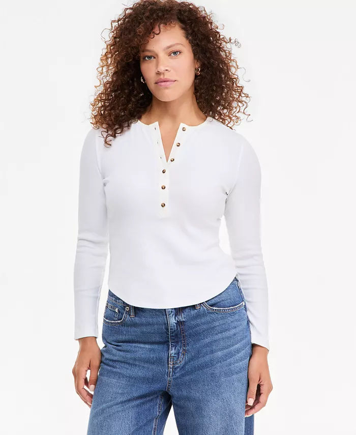 Women's Long Sleeve Ribbed Henley Top - thumbnail 4