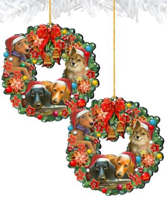Christmas Friends Puppy Wreath Holiday Ornaments, Set of 2