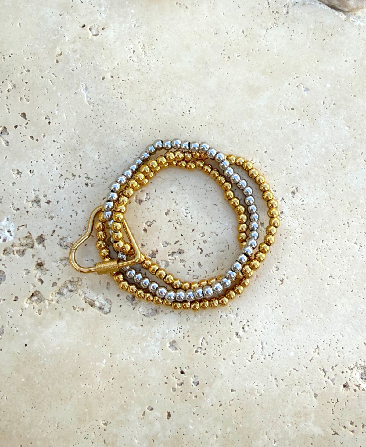Adornia Tarnish Resistant Gold and Silver Bead Bracelet with Heart Lock Set