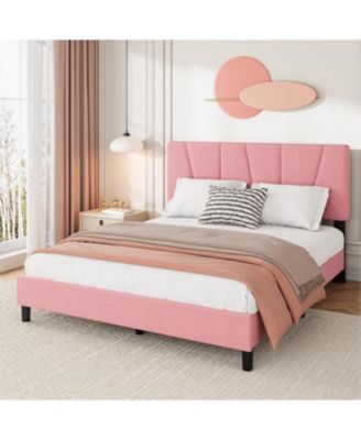 California Platform Bed Frame with 3-Level Adjustable Headboard, Linen Upholstered Bedframe with Noise-Free Slats