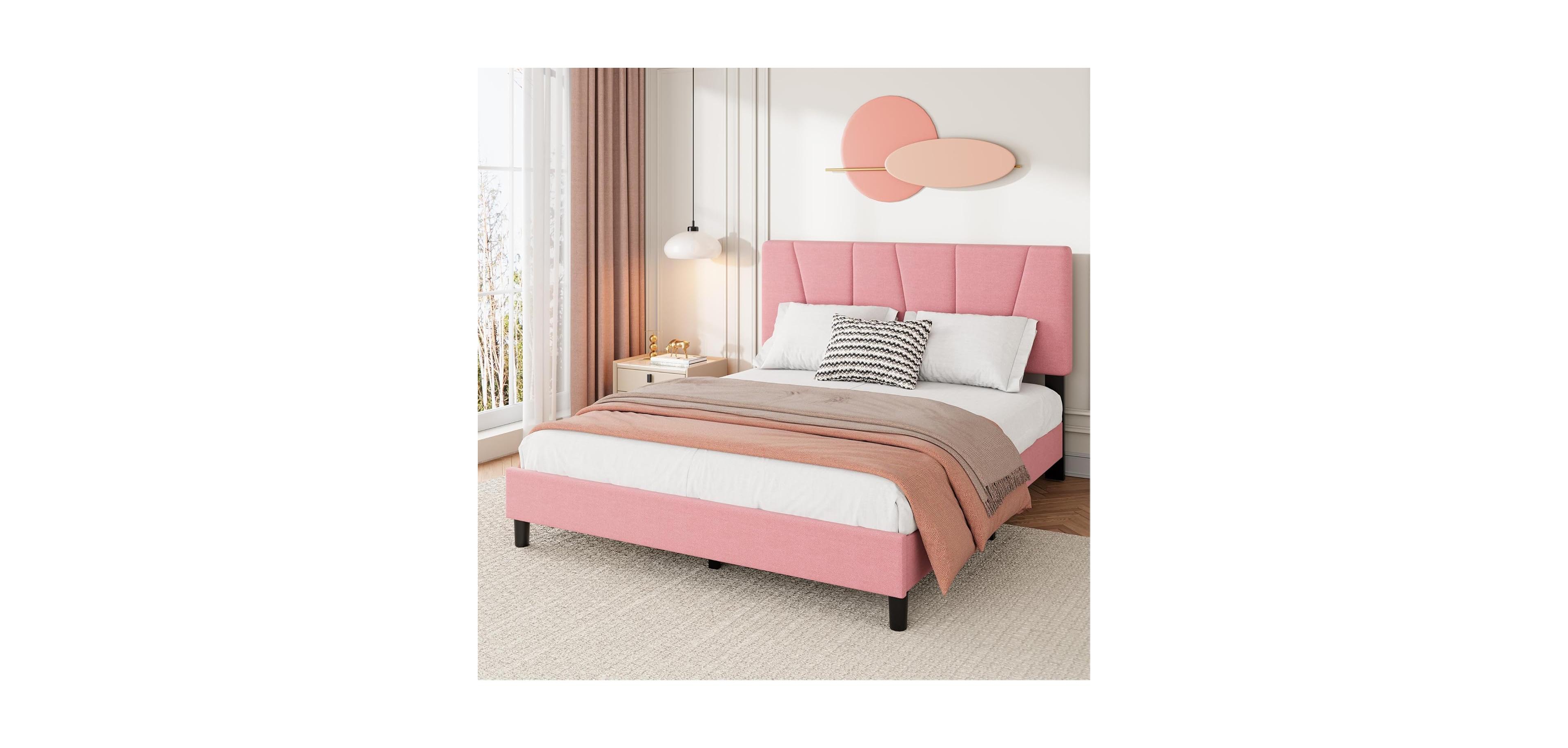 gaomon California Platform Bed Frame with 3-Level Adjustable Headboard, Linen Upholstered Bedframe with Noise-Free Slats