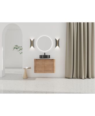 Wall Mounted Modern Bathroom Vanity with Plywood Cabinet, Stone Countertop, Ceramic Vessel Sink for Small Spaces