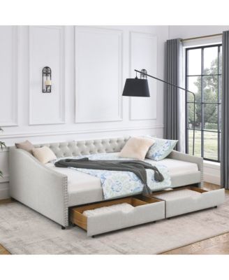 Queen Size Daybed with Drawers Upholstered Tufted Sofa Bed,with Button on Back and Copper Nail on Waved Shape