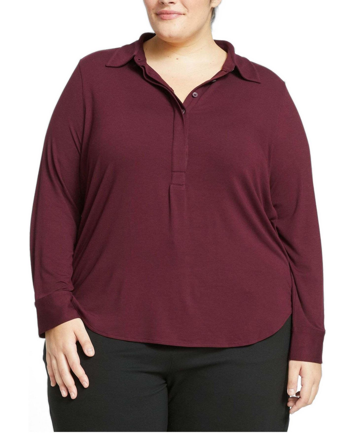 Женская рубашка Universal Standard Plus Size Elbe Popover Liquid Jersey Shirt Classic Fit, цвет: Чёрный вишнёвый — фото 1