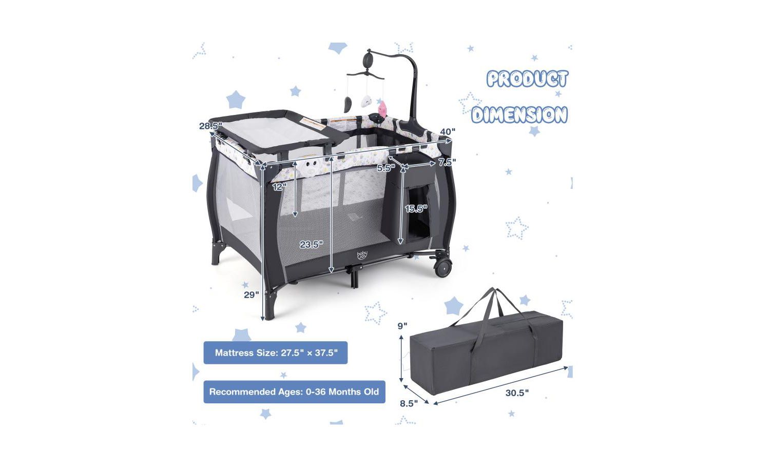 Portable Baby Playpen with Bassinet, Changing Station and Music Box for Newborns