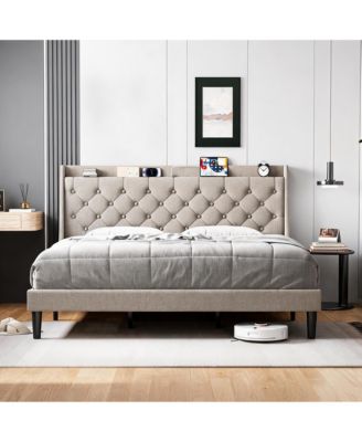 Upholstered Platform Bed Frame with Button Tufted Headboard, Storage Shelf and USB Charging Station, Steel Support, Noise-Free, Easy Assembly