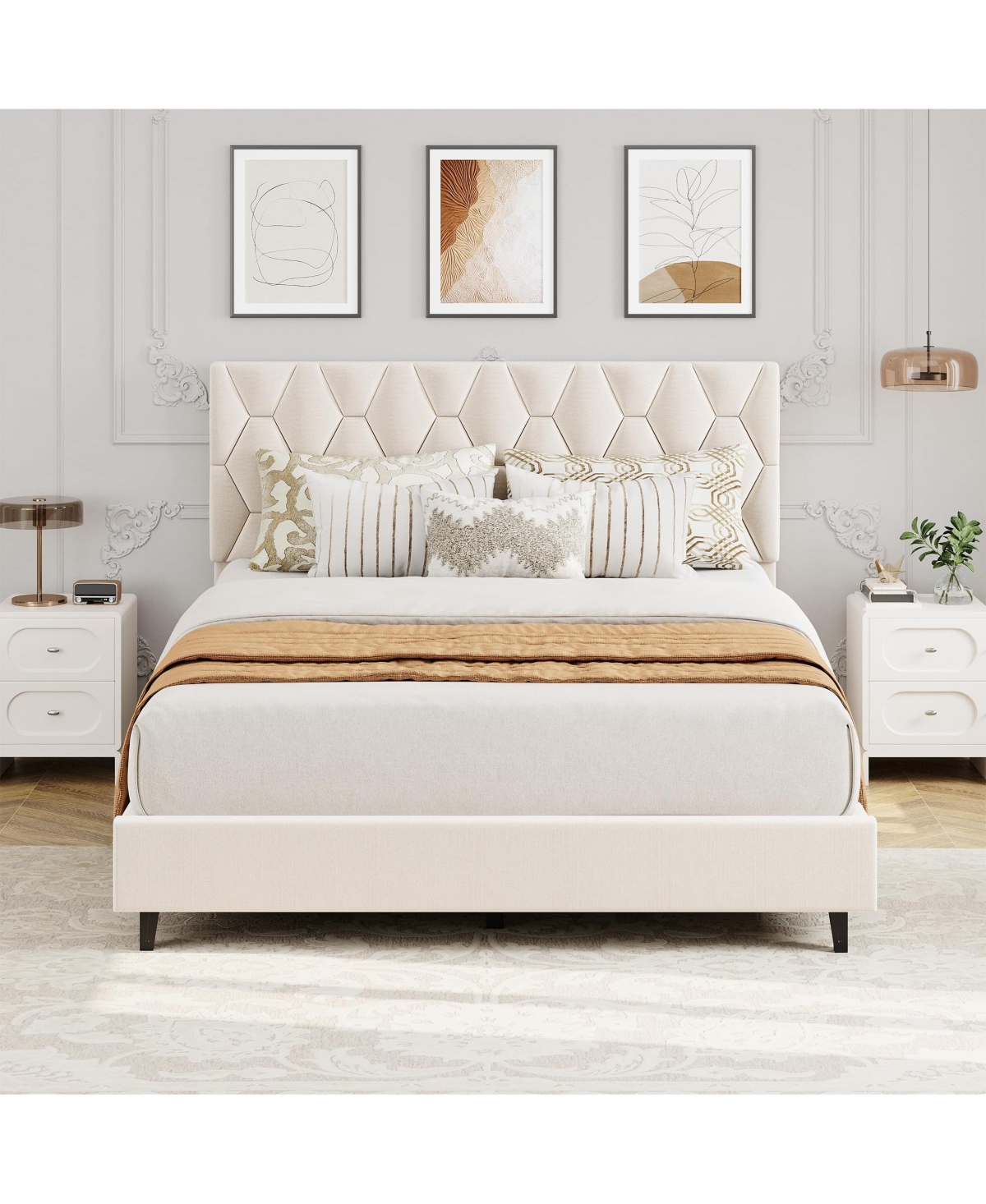 homfan Bed Frame with Upholstered Headboard, Heavy-Duty Platform Strong Wood Slats, No Box Spring Needed, Noise Free, Easy Assembly