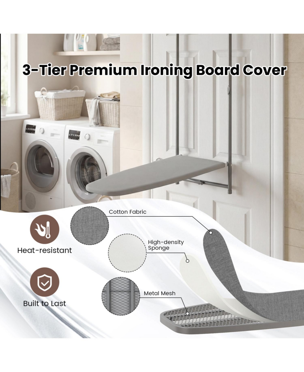 Ecooso Slim Over-the-Door Hanging Ironing Board with Cotton Cover, 35-in Surface