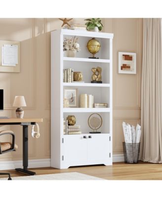 5-Tier Modern Storage Cabinet with Doors and Adjustable Shelves, Anti-Slip Tall Bookcase for Home Office, Living Room, Study, Library