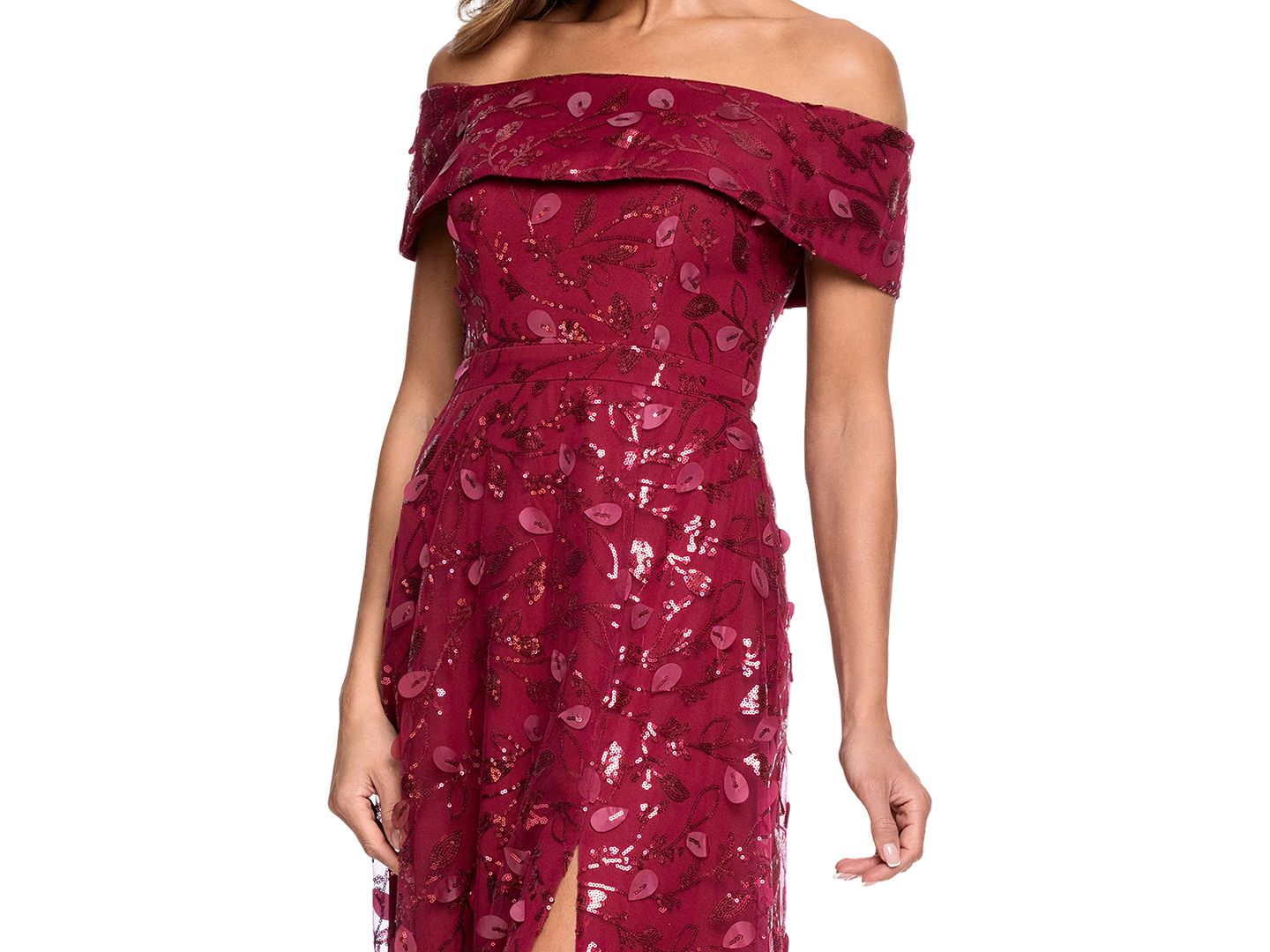 Женские платья XSCAPE Petite 3D Embellished Mesh Off-The-Shoulder Ball Gown, цвет: Винный — фото 3