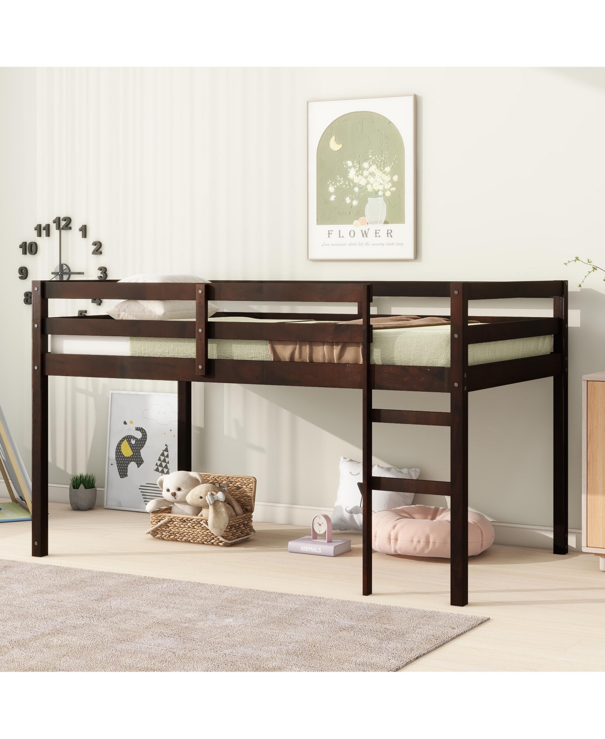 Sailvan Solid Wooden, Rubber Wooden Twin Loft Bed with Ladder, Platform of Strengthened Slats