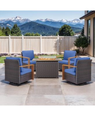 Patio Furniture Set with Fire Pit Table, 5 Piece Outdoor Swivel Rocker Chairs, Wicker Rattan Outdoor Furniture with Thickened Cushion