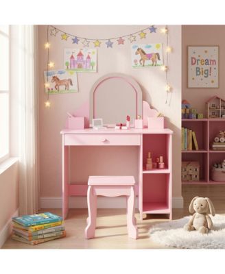 Elegant Vanity Desk with Mirror and Lights, Princess Makeup Table with Stool, Drawer and Open Storage Shelves, Wooden Dressing Table