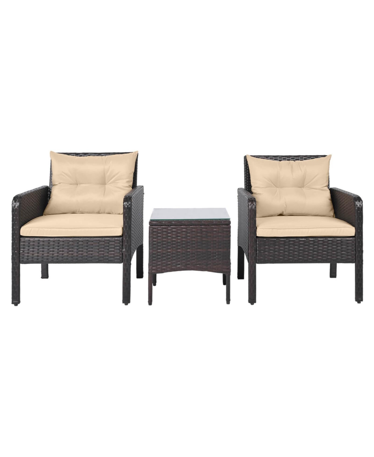 Costway 3 Pieces Patio Pe Wicker Furniture Set with Cushions and Tempered Glass Coffee Table