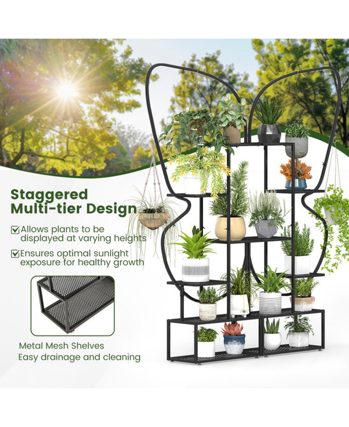 Gouun 6-Tier Metal Plant Stand Ladder Display Rack with Hanging Hooks