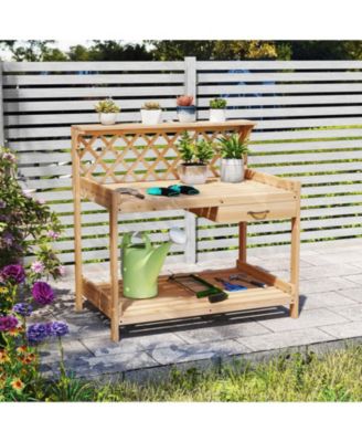 Wooden Garden Potting Bench with Lattice Trellis and Drawer