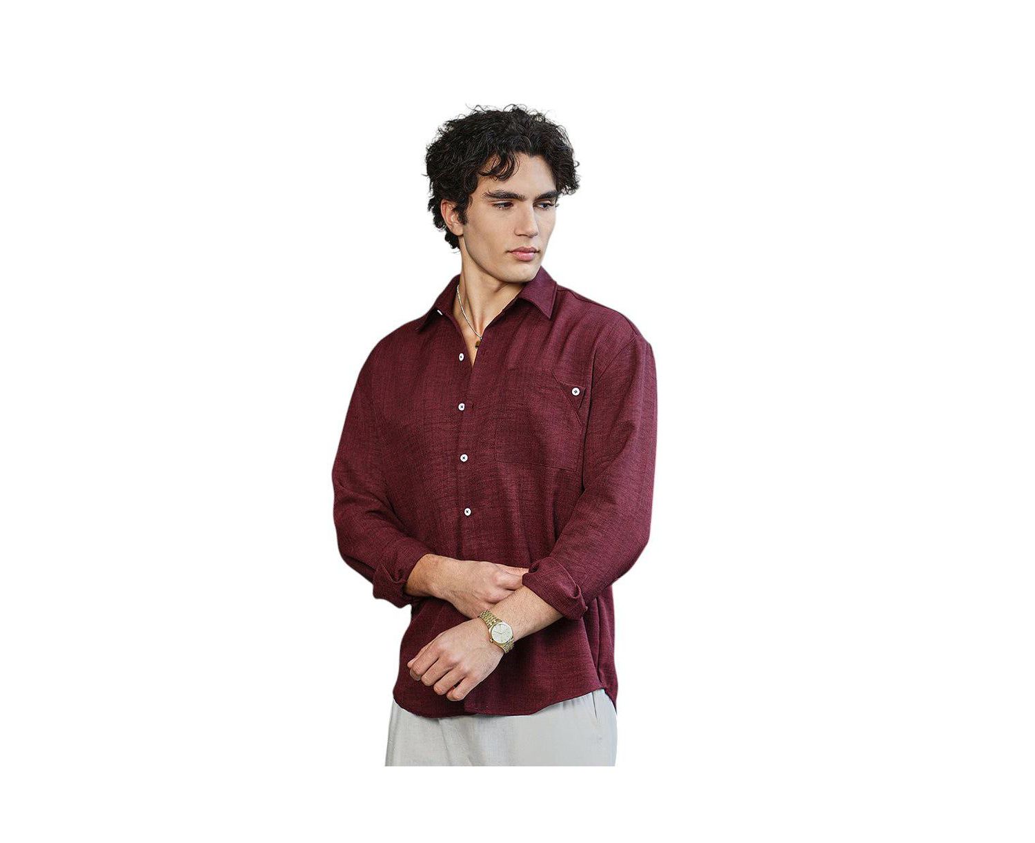 Men's Wine Red Modular Solid Oversized Shirt