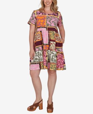 Plus Size Tropical Patchwork Pocket Dress